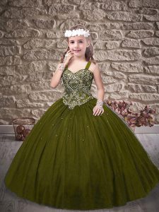 Excellent Olive Green Sleeveless Sweep Train Beading Kids Pageant Dress