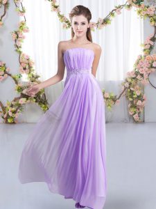 Lavender Empire Chiffon Strapless Sleeveless Beading Lace Up Bridesmaid Dress Sweep Train