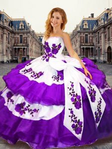 Hot Sale White And Purple Lace Up Strapless Embroidery and Ruffled Layers and Bowknot Quinceanera Dresses Organza Sleeveless