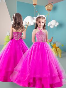 Charming Halter Top Sleeveless Tulle Kids Formal Wear Beading Zipper