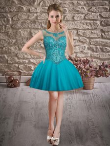 Teal Lace Up Dress for Prom Beading Sleeveless Mini Length