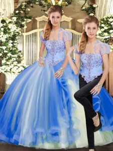 Pretty Blue Tulle Lace Up Sweet 16 Dress Sleeveless Floor Length Beading and Ruffles