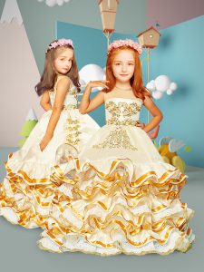Customized Floor Length Lace Up Little Girl Pageant Dress Champagne for Wedding Party with Beading and Embroidery and Ruffled Layers
