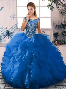 Organza Scoop Sleeveless Zipper Beading and Ruffles Vestidos de Quinceanera in Blue