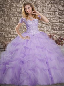 Noble Off The Shoulder Sleeveless Sweep Train Lace Up Quinceanera Dress Lavender Tulle