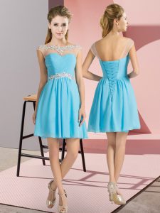 Unique Aqua Blue Wedding Guest Dresses Wedding Party with Beading Bateau Cap Sleeves Lace Up