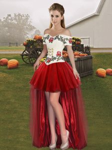 Ideal Off The Shoulder Sleeveless High Low Embroidery Wine Red Tulle