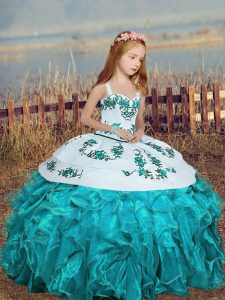 Straps Sleeveless Girls Pageant Dresses Floor Length Embroidery and Ruffles Aqua Blue Organza