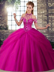 Free and Easy Ball Gowns Sleeveless Fuchsia Vestidos de Quinceanera Brush Train Lace Up