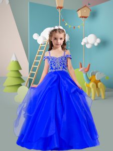 Off The Shoulder Sleeveless Organza Pageant Dress for Girls Beading and Ruffles Zipper