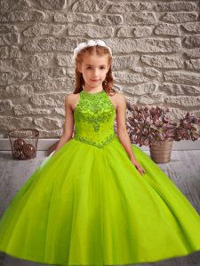 Eye-catching Sweep Train Ball Gowns Little Girl Pageant Gowns Olive Green Scoop Tulle Sleeveless Lace Up