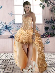 Custom Designed Sleeveless Organza High Low Lace Up in Gold with Beading and Lace and Ruffled Layers