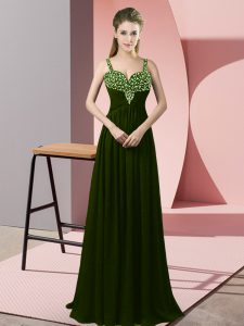 Sleeveless Floor Length Beading Zipper Dress for Prom with Olive Green