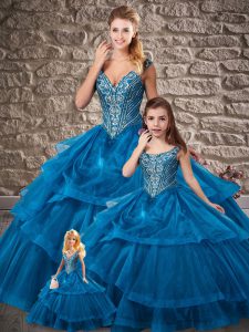 Noble Sleeveless Beading and Ruffled Layers Lace Up 15th Birthday Dress with Blue Brush Train