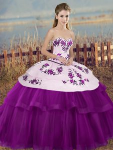 Adorable Sleeveless Floor Length Embroidery and Bowknot Lace Up Sweet 16 Dresses with White And Purple