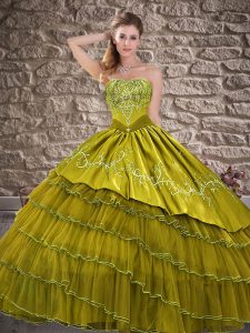 Organza Sweetheart Sleeveless Lace Up Embroidery and Ruffled Layers Sweet 16 Dresses in Olive Green