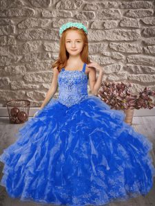Blue Lace Up Straps Beading and Ruffles Pageant Dress Wholesale Organza and Lace Sleeveless Brush Train