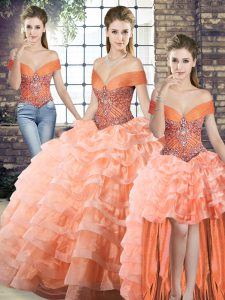 Beading and Ruffled Layers Sweet 16 Dresses Peach Lace Up Sleeveless Brush Train