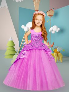 Lilac Pageant Gowns For Girls Satin and Tulle Brush Train Sleeveless Beading and Embroidery