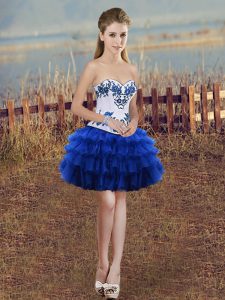 Custom Made Embroidery and Ruffled Layers Homecoming Party Dress Royal Blue Lace Up Sleeveless Mini Length
