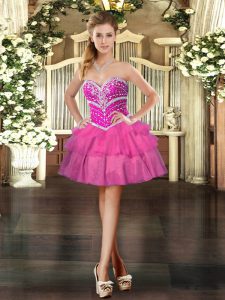 Sleeveless Mini Length Beading and Ruffled Layers Lace Up Prom Evening Gown with Hot Pink