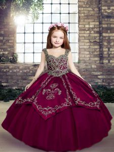 High Class Embroidery Child Pageant Dress Fuchsia Lace Up Sleeveless Floor Length