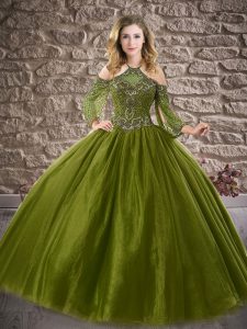 Amazing Ball Gowns Quince Ball Gowns Olive Green Halter Top Tulle 3 4 Length Sleeve Floor Length Zipper