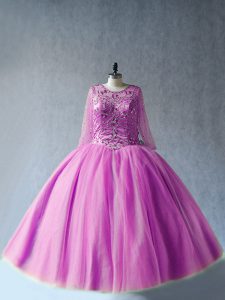 Lilac Tulle Lace Up Scoop Long Sleeves Floor Length Sweet 16 Dress Beading