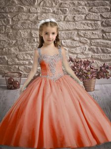 Orange Red Ball Gowns Beading Girls Pageant Dresses Zipper Tulle Sleeveless
