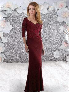 Sexy V-neck Half Sleeves Lace Prom Evening Gown Lace Sweep Train Zipper
