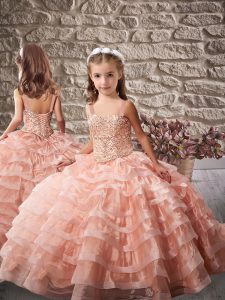 Fantastic Lace Up Pageant Gowns For Girls Peach for Wedding Party with Beading and Ruffled Layers Brush Train