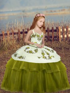 Floor Length Ball Gowns Sleeveless Olive Green Little Girl Pageant Dress Lace Up