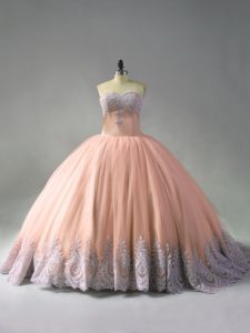 Traditional Peach Sweetheart Neckline Beading and Appliques 15th Birthday Dress Sleeveless Lace Up