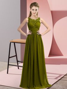 Stunning Olive Green Sleeveless Floor Length Beading and Appliques Zipper Dama Dress