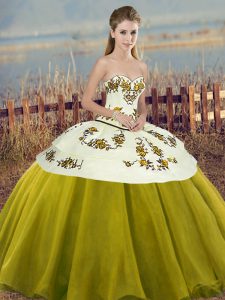 Wonderful Olive Green Tulle Lace Up Sweetheart Sleeveless Floor Length Quinceanera Dresses Embroidery and Bowknot