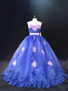 Elegant Blue Sweetheart Zipper Appliques Quinceanera Gown Brush Train Sleeveless