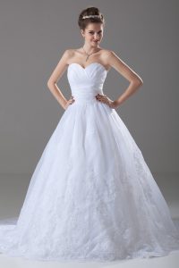 Fashion Sweetheart Sleeveless Tulle Wedding Gowns Beading and Lace Brush Train Lace Up