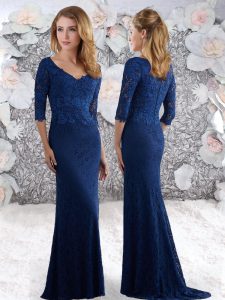 Latest Sweep Train Column/Sheath Prom Gown Royal Blue V-neck Lace Half Sleeves Zipper
