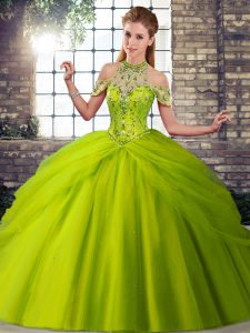 Custom Design Lace Up Vestidos de Quinceanera Olive Green for Military Ball and Sweet 16 and Quinceanera with Beading and Pick Ups Brush Train