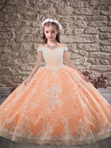 Off The Shoulder Sleeveless Sweep Train Lace Up Child Pageant Dress Orange Red Lace