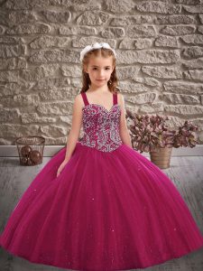 Ball Gowns Pageant Gowns For Girls Fuchsia Straps Tulle Sleeveless Floor Length Lace Up