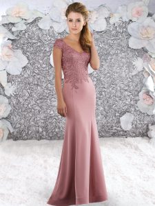 Eye-catching Cap Sleeves Beading Zipper Evening Dress with Pink Sweep Train