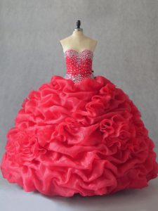 Fabulous Coral Red Lace Up Sweet 16 Dresses Sleeveless Floor Length Beading and Pick Ups