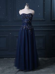 Navy Blue Tulle Zipper Sweetheart Sleeveless Floor Length Prom Gown Lace