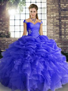 Modern Blue Quinceanera Gown Military Ball and Sweet 16 and Quinceanera with Beading and Ruffles and Pick Ups Off The Shoulder Sleeveless Lace Up