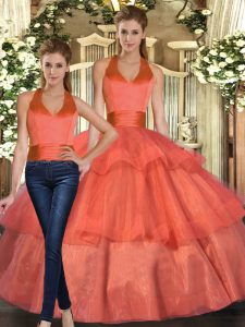 Customized Orange Halter Top Neckline Ruffled Layers Sweet 16 Dress Sleeveless Lace Up