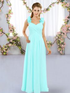 Aqua Blue Sleeveless Hand Made Flower Floor Length Bridesmaid Dress