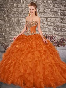 Clearance Orange Red Ball Gowns Beading and Ruffles Quinceanera Gowns Lace Up Organza Sleeveless