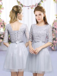 New Style Mini Length Grey Vestidos de Damas Scoop Half Sleeves Lace Up
