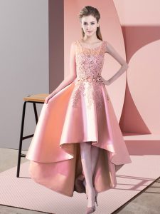 Stylish Peach Satin Zipper Scoop Sleeveless High Low Bridesmaids Dress Lace